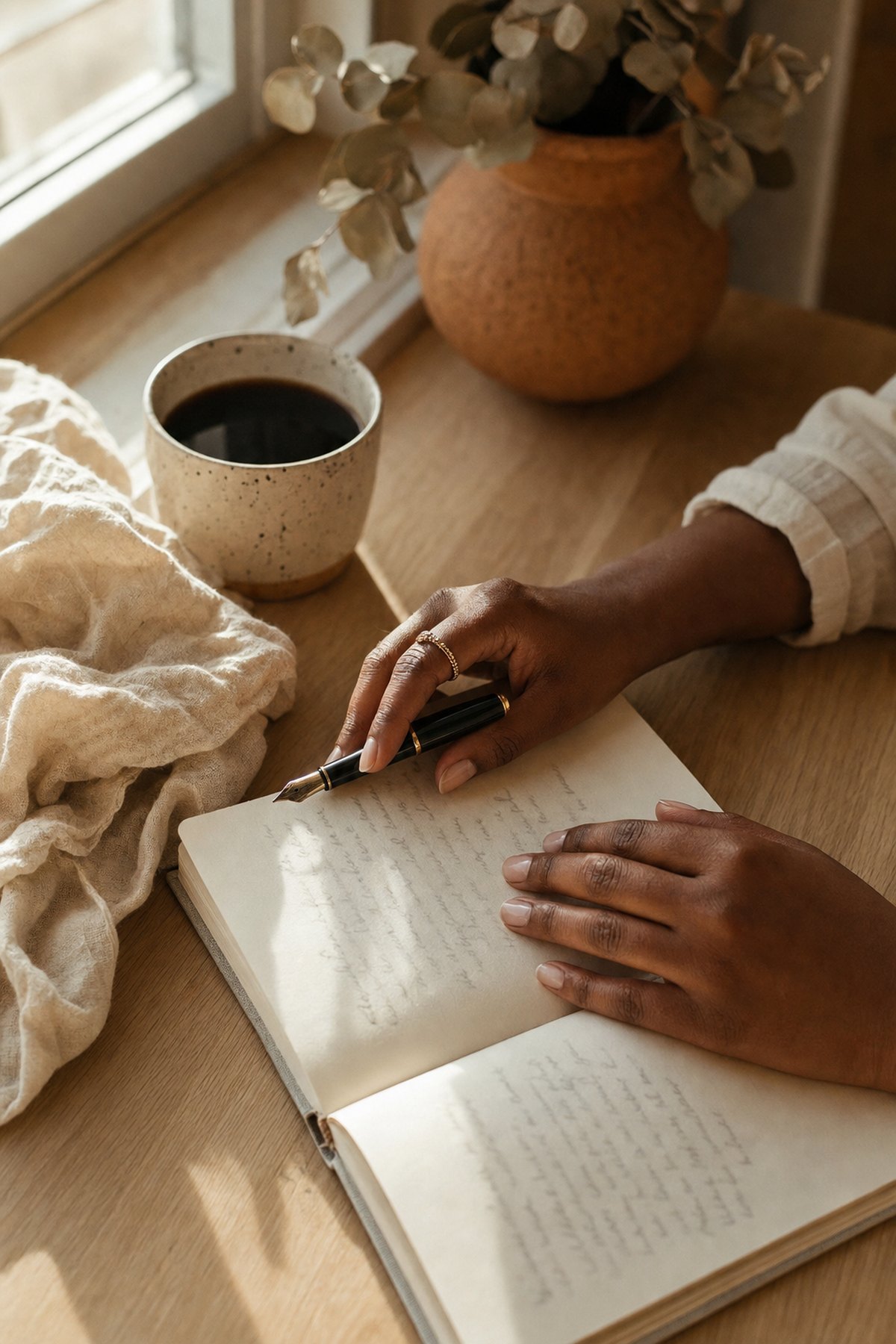 Hands resting over an open journal on a pale oak table beside a speckled mug of coffee in warm morning light